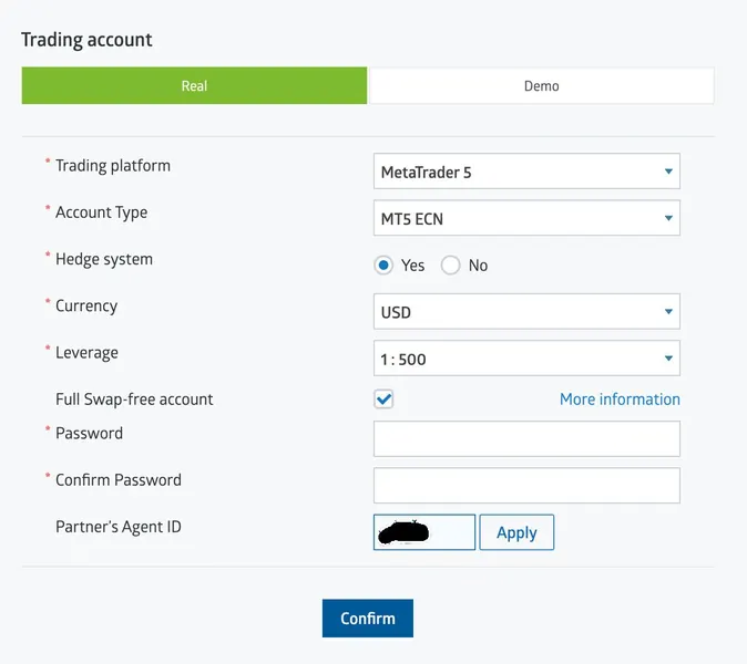 RoboForex new real account form with MT5, ECN, USD, 1:500 and Partner's Agent ID