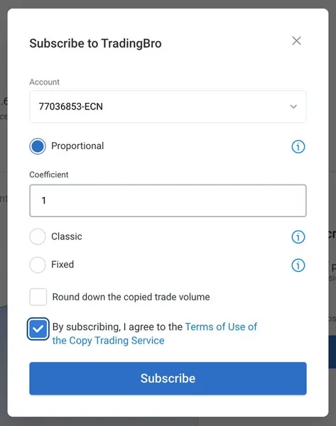 CopyFX subscribe dialog for Omega with the Proportional copy mode selected